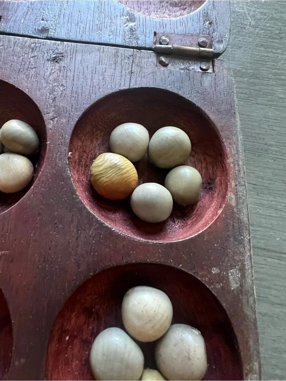 Vintage Hand Carved Wood Oware Mancala Board Game Folding Box W/ Bonduc Seeds